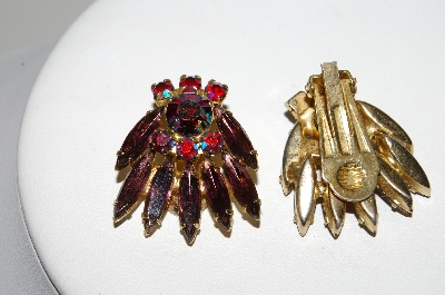 +MBA #95-012  "Vintage Goldtone Purple & Red AB Rhinestone Fancy Clip On Earrings"