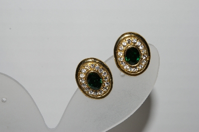 +MBA #95-021 "Vintage Goldtone Green & Clear Crystal Oval Clip On Earrings"