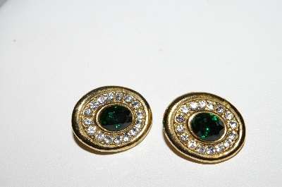 +MBA #95-021 "Vintage Goldtone Green & Clear Crystal Oval Clip On Earrings"