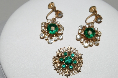+MBA #95-088 "Vintage 3 Piece Goldtone Green & Clear Crystal Pin & Screwback Earring Set"