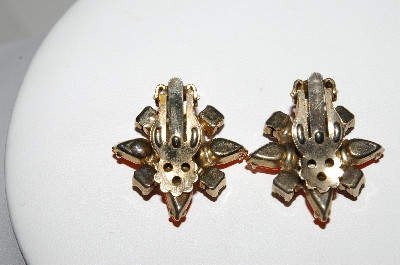 +MBA #95-026 "Vintage Goldtone Pink, Orange & Black Glass Stone Clip On Earrings"