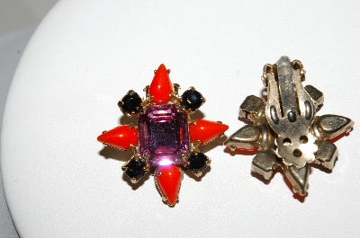+MBA #95-026 "Vintage Goldtone Pink, Orange & Black Glass Stone Clip On Earrings"