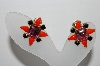 +MBA #95-026 "Vintage Goldtone Pink, Orange & Black Glass Stone Clip On Earrings"