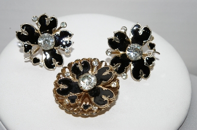 +MBA #97-041 "Vintage Goldtone Black Enamel & Rhinestone Pin & Matching Earring Set"