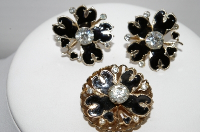 +MBA #97-041 "Vintage Goldtone Black Enamel & Rhinestone Pin & Matching Earring Set"