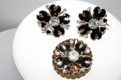 +MBA #97-041 "Vintage Goldtone Black Enamel & Rhinestone Pin & Matching Earring Set"