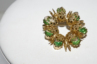 +MBA #97-047 "Vintage Goldtone Round Green Rhinestone Pin"