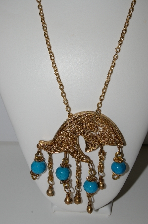 +MBA #97-081 "Vintage Goldtone Blue Glass Bead Necklace"