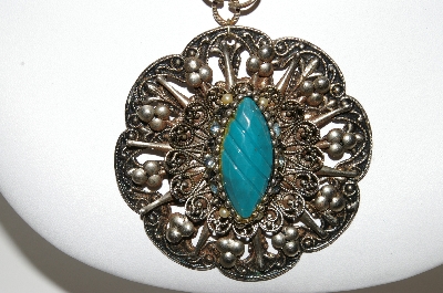 +MBA #97-013 "Vintage SilverTone Large Round Blue Center Stone Pendant"