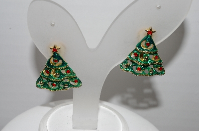 +MBA #97-002 "Vintage Goldtone Enameled Christmas Tree Clip On Earrings"