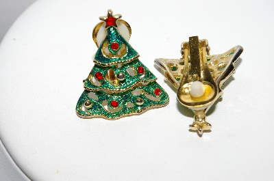+MBA #97-002 "Vintage Goldtone Enameled Christmas Tree Clip On Earrings"