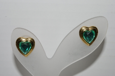 +MBA #97-011 "Vintage Goldtone Green Acrylic  Heart Shaped Pierced Earrings