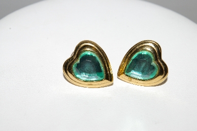 +MBA #97-011 "Vintage Goldtone Green Acrylic  Heart Shaped Pierced Earrings
