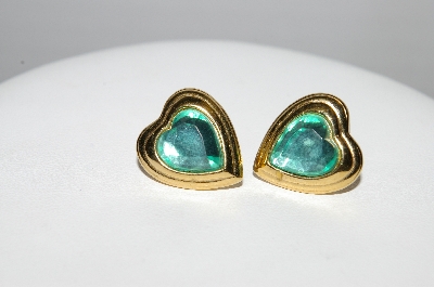 +MBA #97-011 "Vintage Goldtone Green Acrylic  Heart Shaped Pierced Earrings