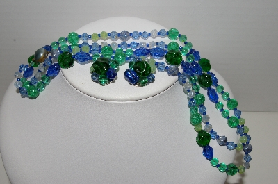 +MBA #96-101 "Made In West Germany Blue & Green Glass Bead Necklace & Earring Set"