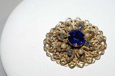 +MBA #96-053 "Vintage Goldtone Blue Rhinestone & Faux Pearl Pin"