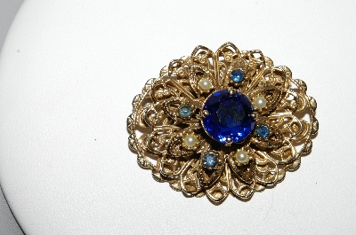 +MBA #96-053 "Vintage Goldtone Blue Rhinestone & Faux Pearl Pin"