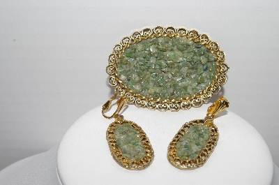 +MBA #96-090 "Vintage Goldtone Green Gemstone Large Brooch & Matching Earrings"