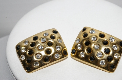 +MBA #96-006 "Vintage Goldtone Clear & Black Rhinestone Clip On Earrings"
