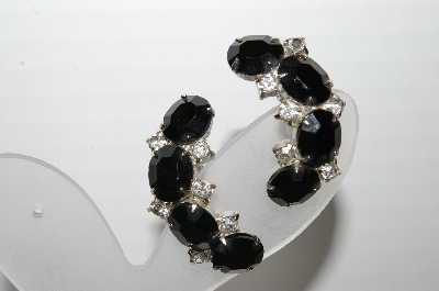 +MBA #96-027 "Vintage Silvertone Black & Clear Rhinestone Clip On Earrings"