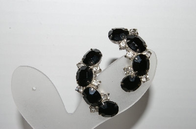 +MBA #96-027 "Vintage Silvertone Black & Clear Rhinestone Clip On Earrings"