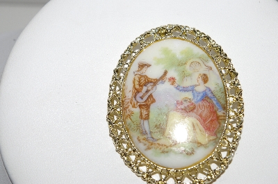+MBA #96-206 "Vintage Goldtone Hand Painted Porceline Victorian Pin/Pendant"