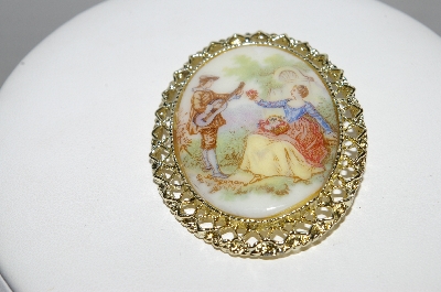 +MBA #96-206 "Vintage Goldtone Hand Painted Porceline Victorian Pin/Pendant"