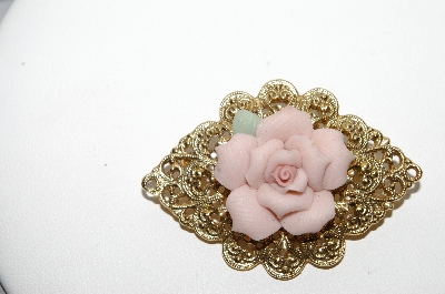 +MBA #96-066 "Vintage Goldtone Porcelain Rose Pin"