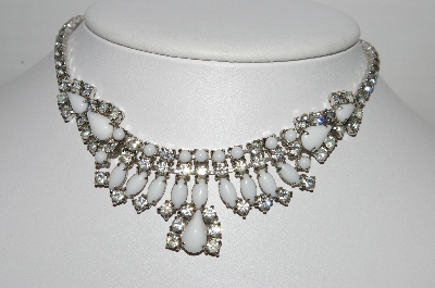 +MBA #96-155 "Vintage Silvertone White Milk Glass & Rhinestone Chocker"