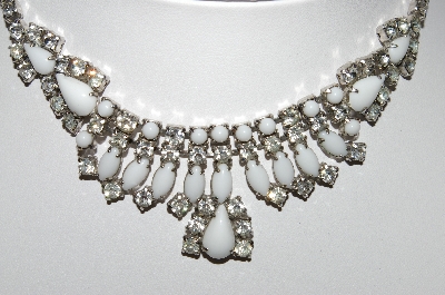+MBA #96-155 "Vintage Silvertone White Milk Glass & Rhinestone Chocker"