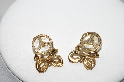 +MBA #96-081 "Vintage Goldtone AB Faux Pearl & Rhinestone Bow Pierced Earrings"