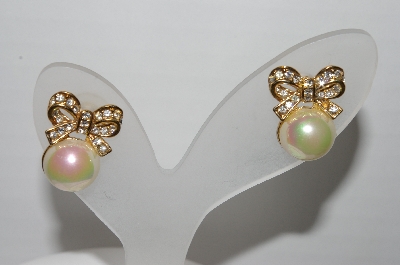 +MBA #96-081 "Vintage Goldtone AB Faux Pearl & Rhinestone Bow Pierced Earrings"