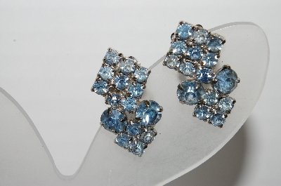 +MBA #96-012  "Vintage Silvertone Blue Rhinestone Clip On Earrings"