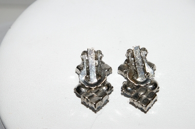 +MBA #96-012  "Vintage Silvertone Blue Rhinestone Clip On Earrings"