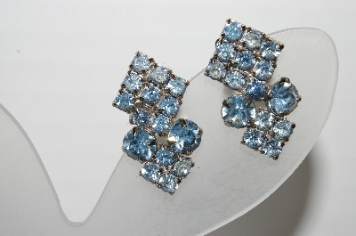 +MBA #96-012  "Vintage Silvertone Blue Rhinestone Clip On Earrings"
