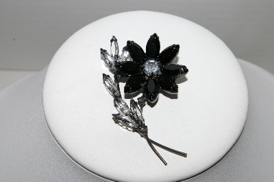 +MBA #96-067 "Vintage Black Metal Black & Grey Glass Rhinestone Flower Brooch"