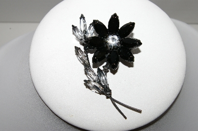 +MBA #96-067 "Vintage Black Metal Black & Grey Glass Rhinestone Flower Brooch"