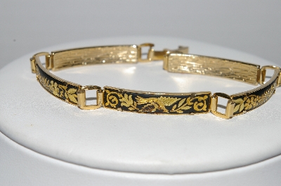 +MBA #96-047  " Spanish Damascene 24K Gold Plate & Black Enamel  Inlay Bracelet" 