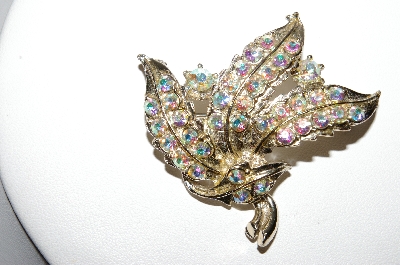 +MBA #96-013 "Vintage Silvertone AB Crystal Rhinesrone Leaf Pin"