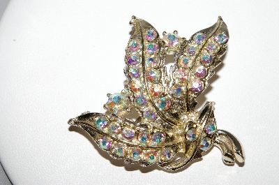 +MBA #96-013 "Vintage Silvertone AB Crystal Rhinesrone Leaf Pin"