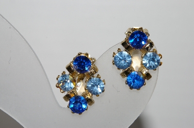 +MBA #96-046  "Vintage Goldtone Two Shades Of Blue Rhinestone Clip On Earrings"