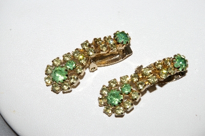 +MBA #96-099  "Vintage Goldtone Green & Clear Rhinestone Clip On Earrings"