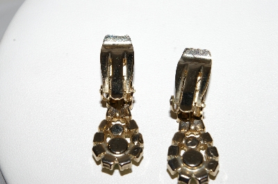 +MBA #96-099  "Vintage Goldtone Green & Clear Rhinestone Clip On Earrings"