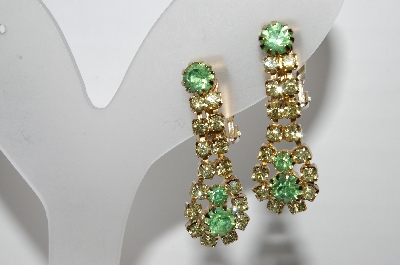 +MBA #96-099  "Vintage Goldtone Green & Clear Rhinestone Clip On Earrings"