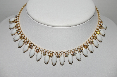 +MBA #96-011 "Vintage Goldtone Milk Glass Navette & AB Rhinestone Collar/Chocker Necklace"