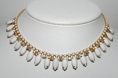 +MBA #96-011 "Vintage Goldtone Milk Glass Navette & AB Rhinestone Collar/Chocker Necklace"