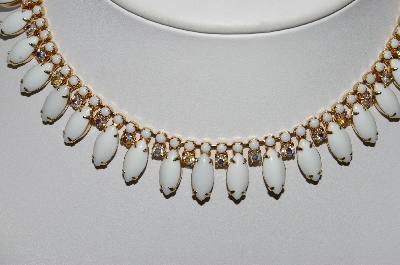 +MBA #96-011 "Vintage Goldtone Milk Glass Navette & AB Rhinestone Collar/Chocker Necklace"