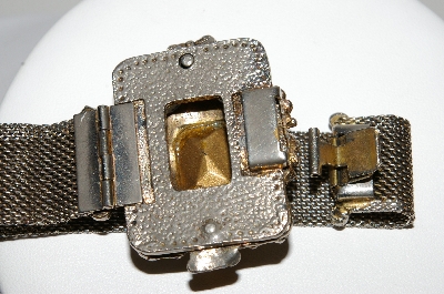 +MBA #96-026   "Vintage Goldtone Glass Rhinestone & Faux Pearl Mesh Straped Bracelet"