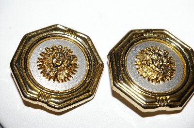 +MBA #94-150  "Vintage Fancy Goldtone Sun Face Clip On Earrings"