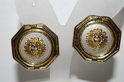 +MBA #94-150  "Vintage Fancy Goldtone Sun Face Clip On Earrings"
